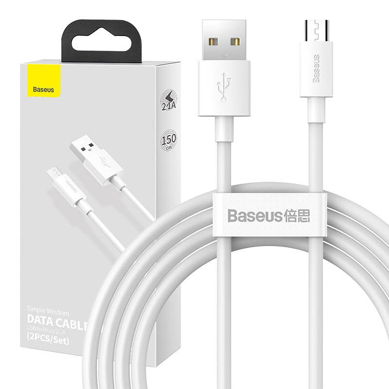 Baseus Καλώδιο USB σε MicroUSB Simple Wisdom 2.1A 1.5m (2τμχ) (Λευκό)