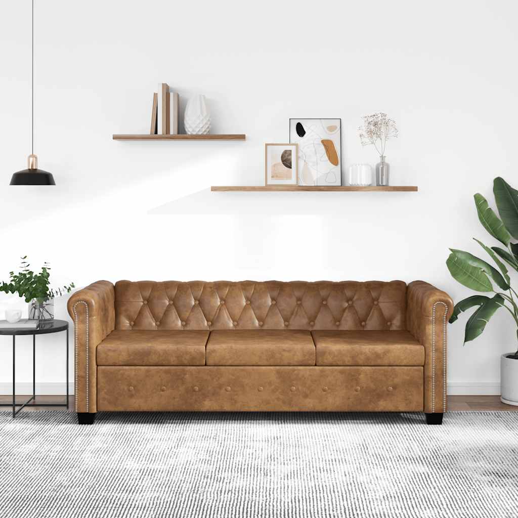vidaXL Καναπές Τριθέσιος Chesterfield Καφέ από Συνθετικό Δέρμα