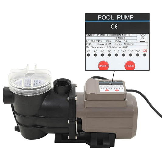 vidaXL Αντλία Πισίνας με Χρονοδιακόπτη Μαύρη 0,25 HP 8000 Λίτρα / Ώρα