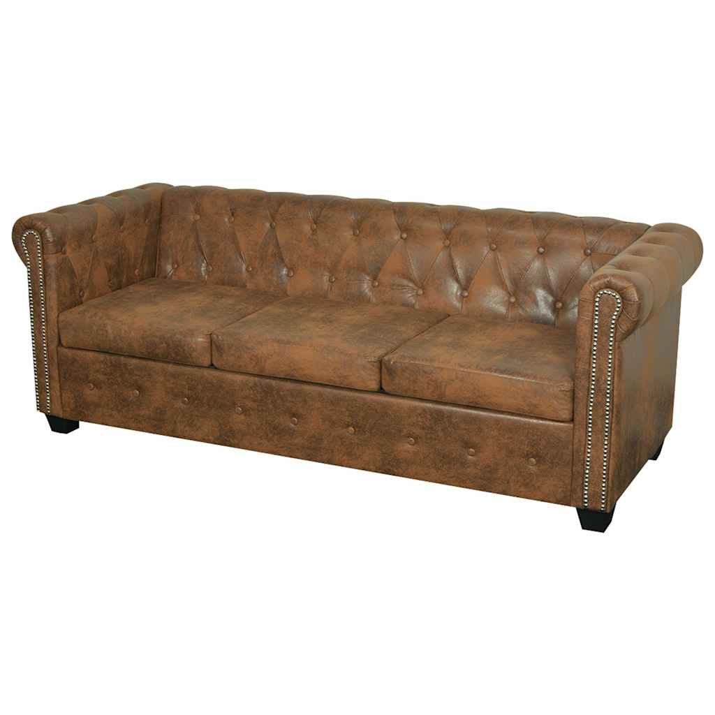 vidaXL Chesterfield Καναπές 3 Θέσεων Καφέ Τεχνητό Δέρμα