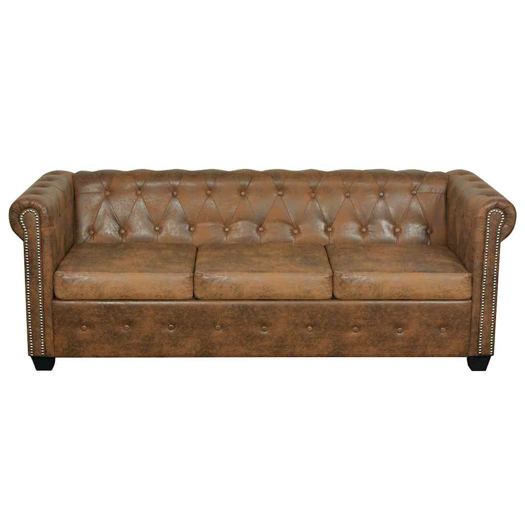 vidaXL Chesterfield Καναπές 3 Θέσεων Καφέ Τεχνητό Δέρμα