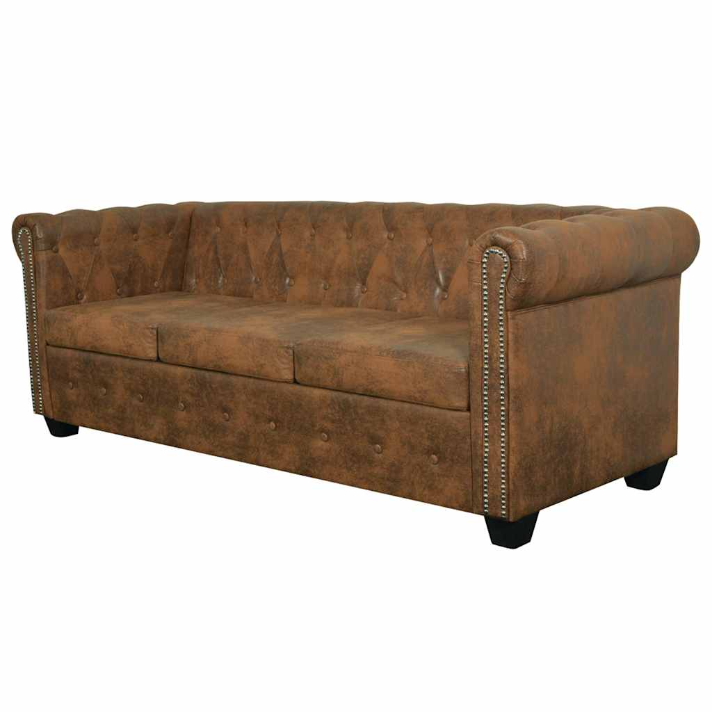 vidaXL Chesterfield Καναπές 3 Θέσεων Καφέ Τεχνητό Δέρμα