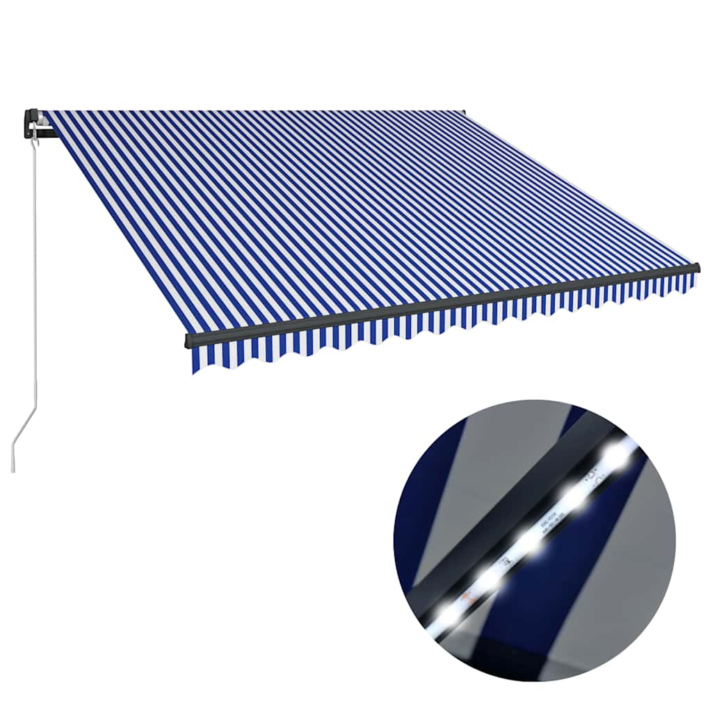 vidaXL Χειροκίνητη τέντα με ηλιακό LED 4 x 3 m Μπλε και Λευκή Ράβδος