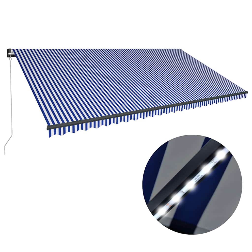 vidaXL Χειροκίνητη τέντα με ηλιακό LED 6 x 3 m Μπλε και Λευκή Ράβδος