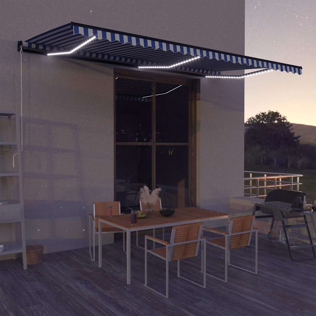 vidaXL Χειροκίνητη τέντα με ηλιακό LED 6 x 3 m Μπλε και Λευκή Ράβδος