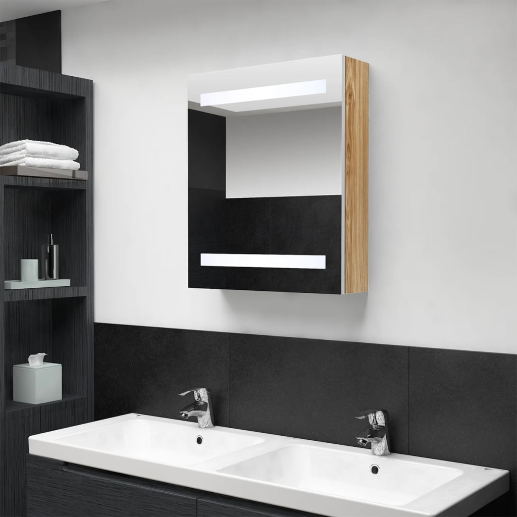 vidaXL Καθρέφτης Μπάνιου με Ντουλάπι & LED Λευκό και Δρυς 50x14x60 εκ.