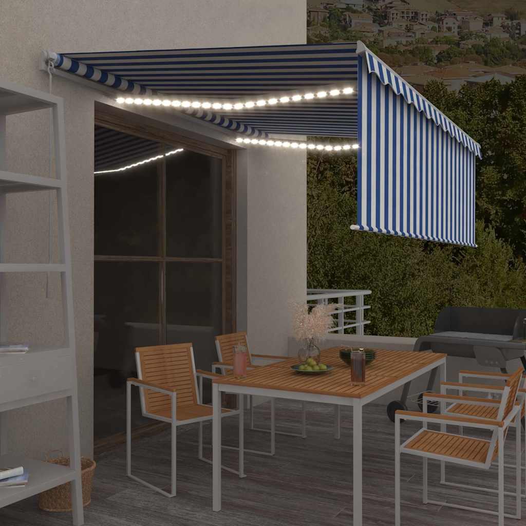 vidaXL Χειροκίνητη τέντα με ηλιακό LED 4 x 3 m Μπλε και Λευκή Ράβδος