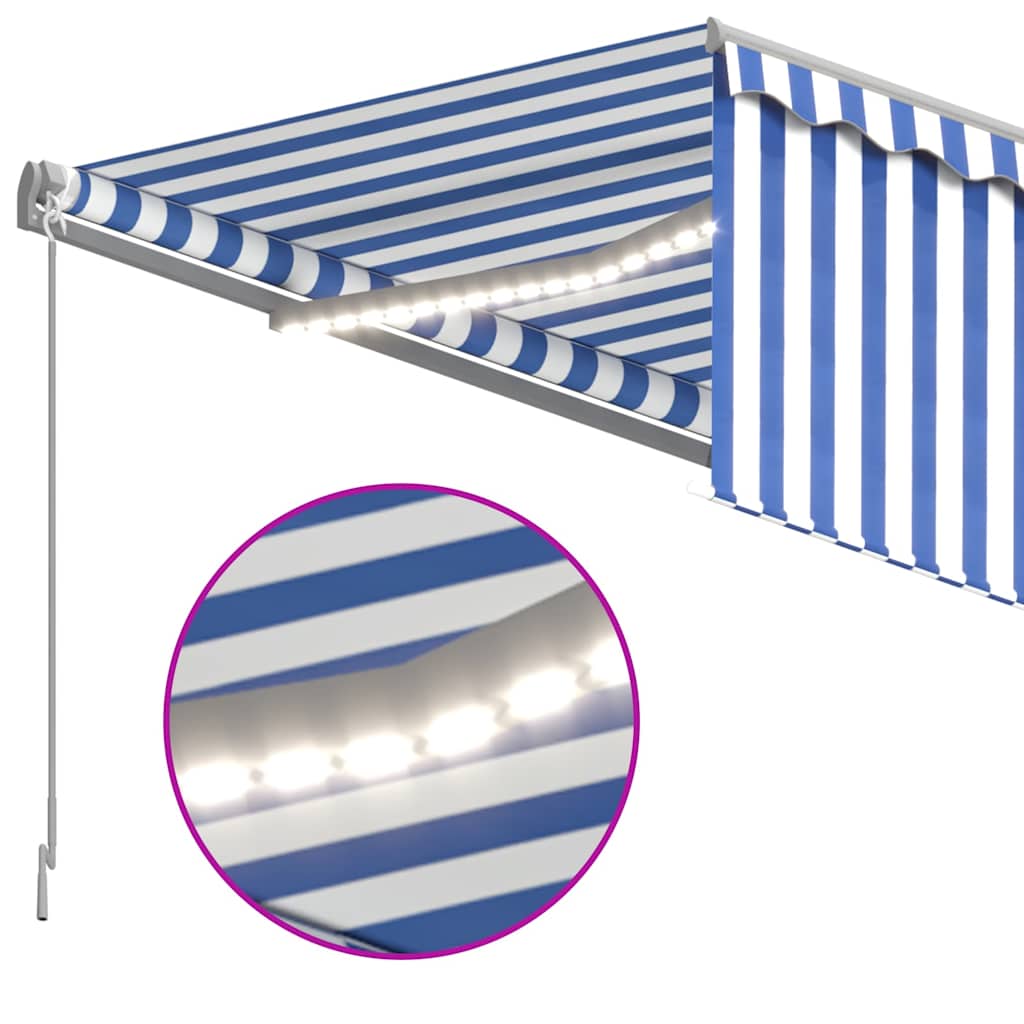 vidaXL Χειροκίνητη τέντα με ηλιακό LED 4 x 3 m Μπλε και Λευκή Ράβδος