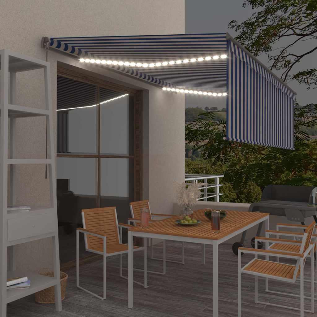 vidaXL Χειροκίνητη τέντα με ηλιακό LED 4 x 3 m Μπλε και Λευκή Ράβδος
