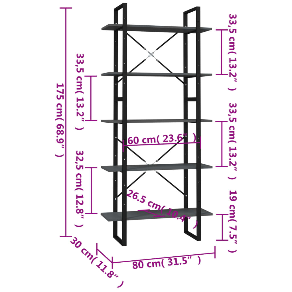 vidaXL Βιβλιοθήκη με 5 Ράφια Γκρι 80 x 30 x 175 εκ. από Επεξ. Ξύλο