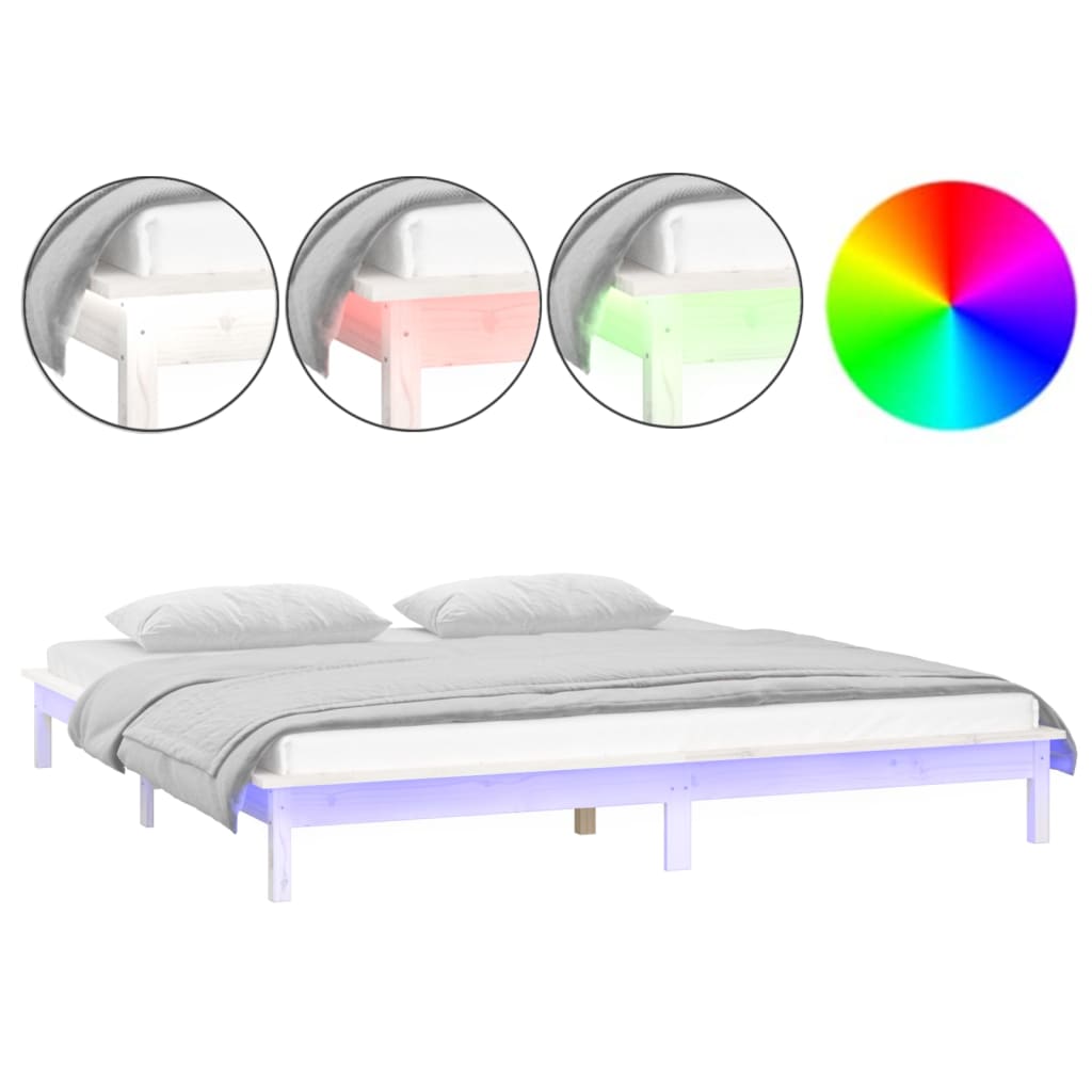 vidaXL Πλαίσιο Κρεβατιού LED Λευκό 150x200 εκ. King Size Μασίφ Ξύλο