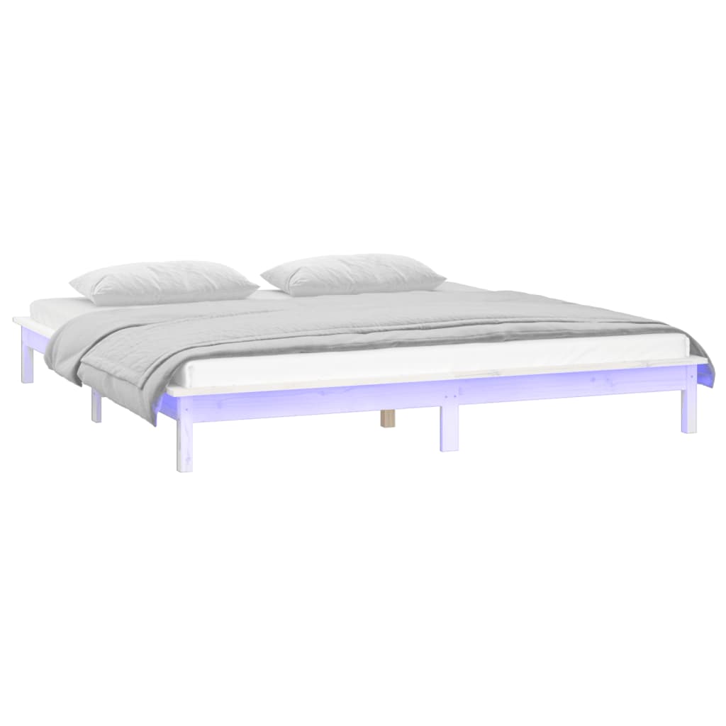 vidaXL Πλαίσιο Κρεβατιού LED Λευκό 150x200 εκ. King Size Μασίφ Ξύλο