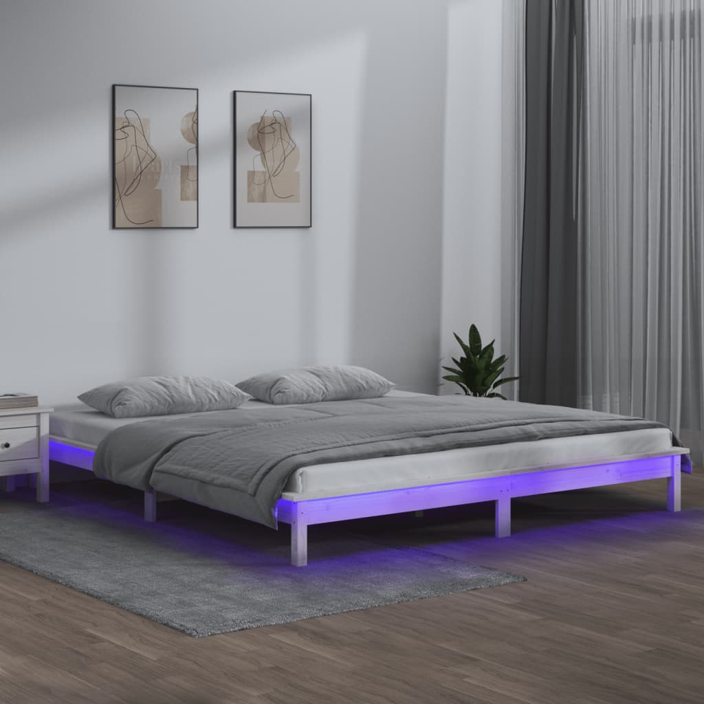 vidaXL Πλαίσιο Κρεβατιού LED Λευκό 150x200 εκ. King Size Μασίφ Ξύλο