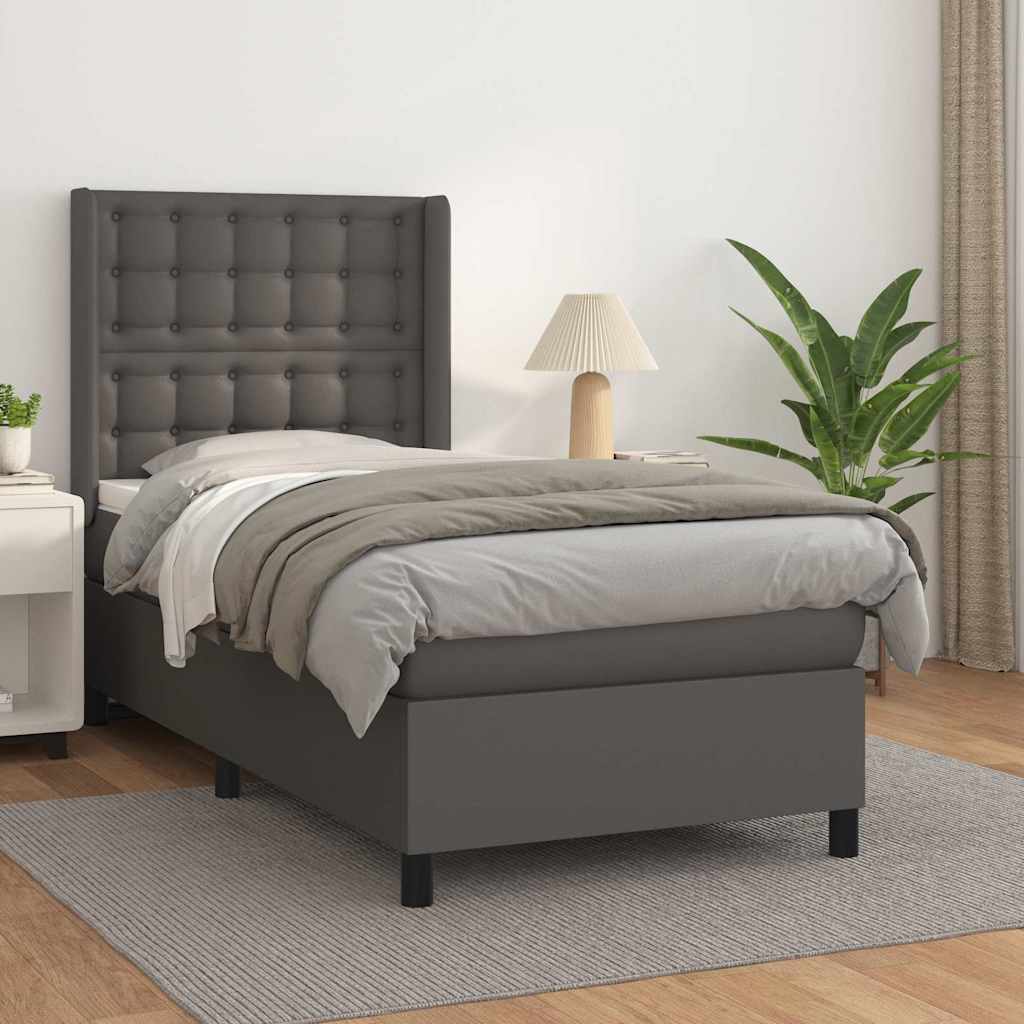 vidaXL Κρεβάτι Boxspring με Στρώμα Γκρι 90x190 εκ. από Συνθετικό Δέρμα