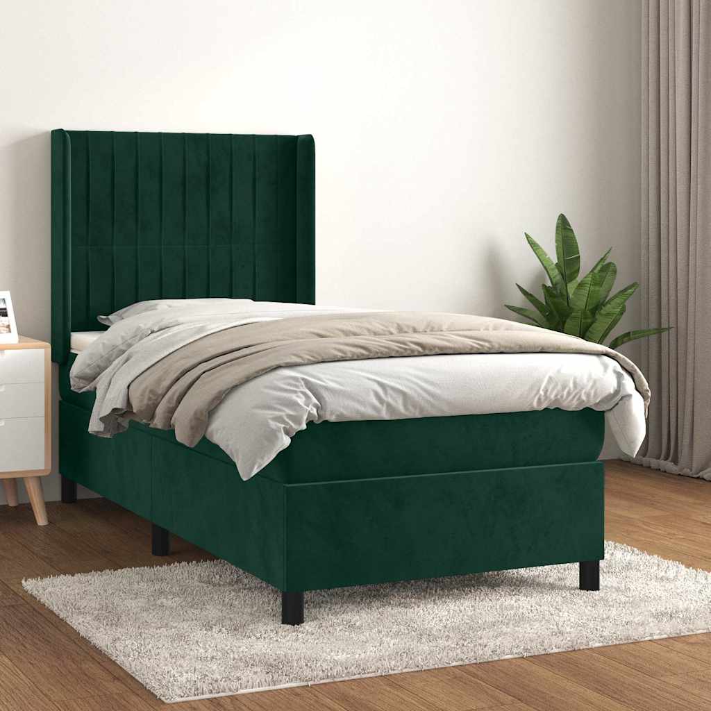vidaXL Κρεβάτι Boxspring με Στρώμα Σκούρο Πράσινο 90x190 εκ. Βελούδινο