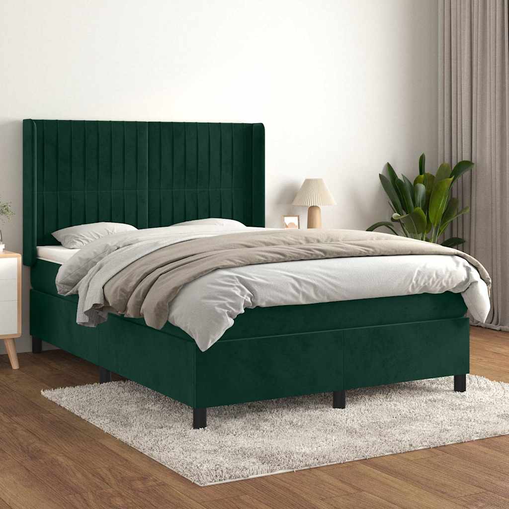 vidaXL Κρεβάτι Boxspring με Στρώμα Σκούρο Πράσινο 140x200εκ. Βελούδινο
