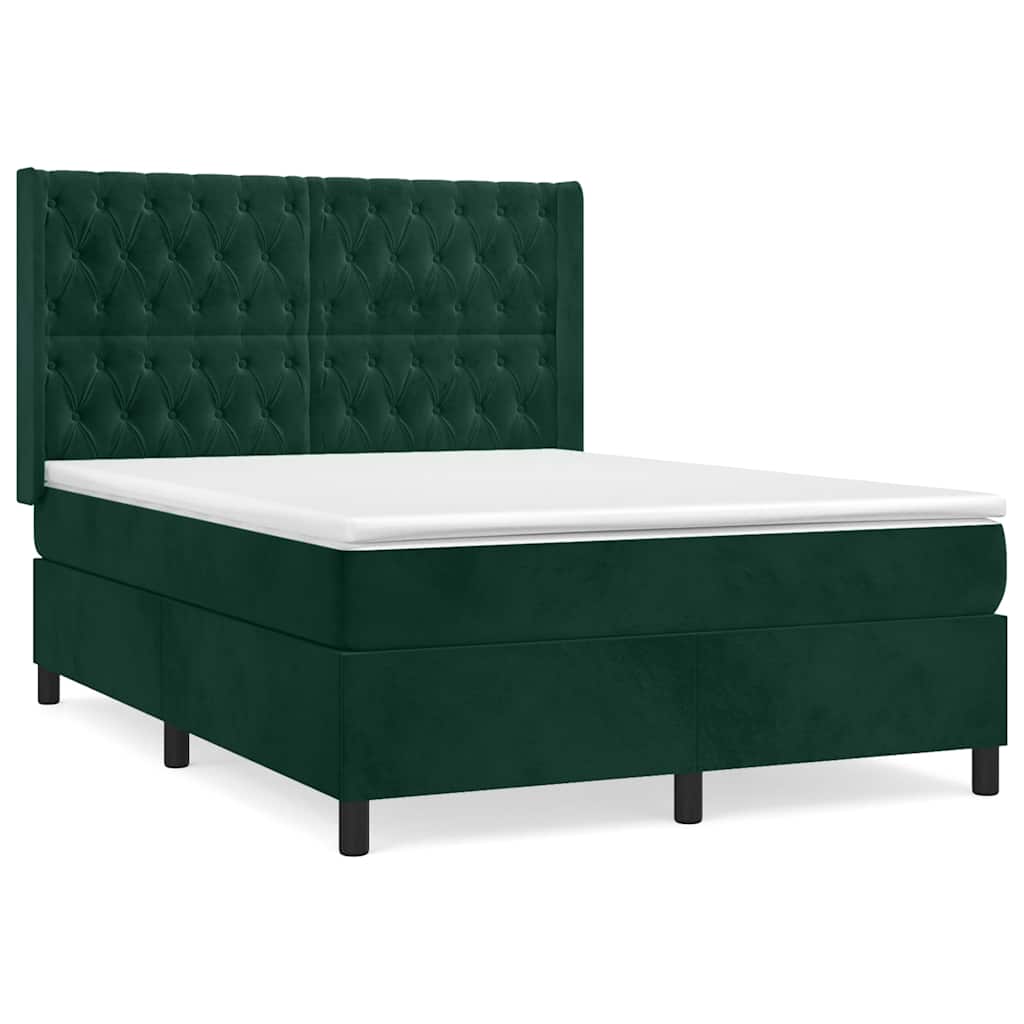 vidaXL Κρεβάτι Boxspring με Στρώμα Σκούρο Πράσινο 140x190εκ. Βελούδινο