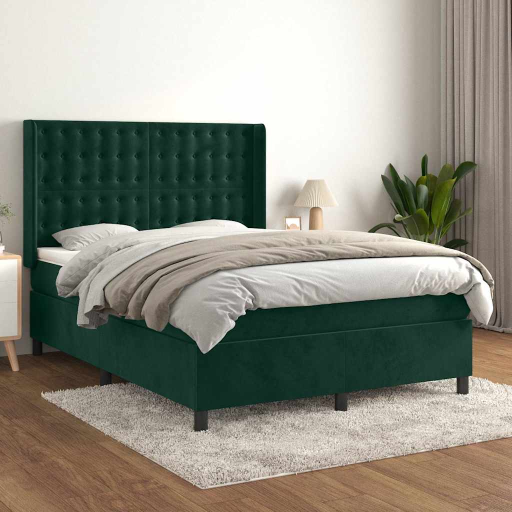 vidaXL Κρεβάτι Boxspring με Στρώμα Σκούρο Πράσινο 140x190εκ. Βελούδινο
