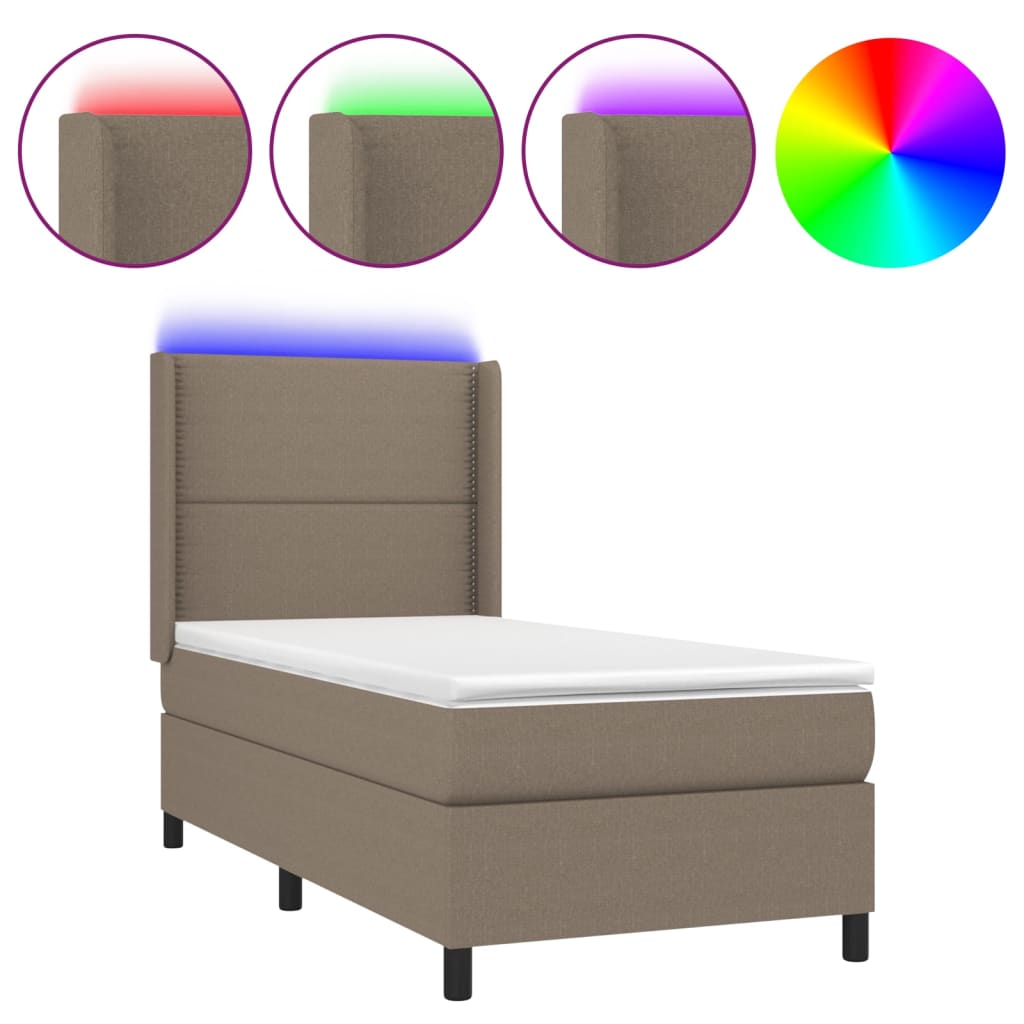 vidaXL Κρεβάτι Boxspring με Στρώμα & LED Taupe 90x200 εκ. Υφασμάτινο