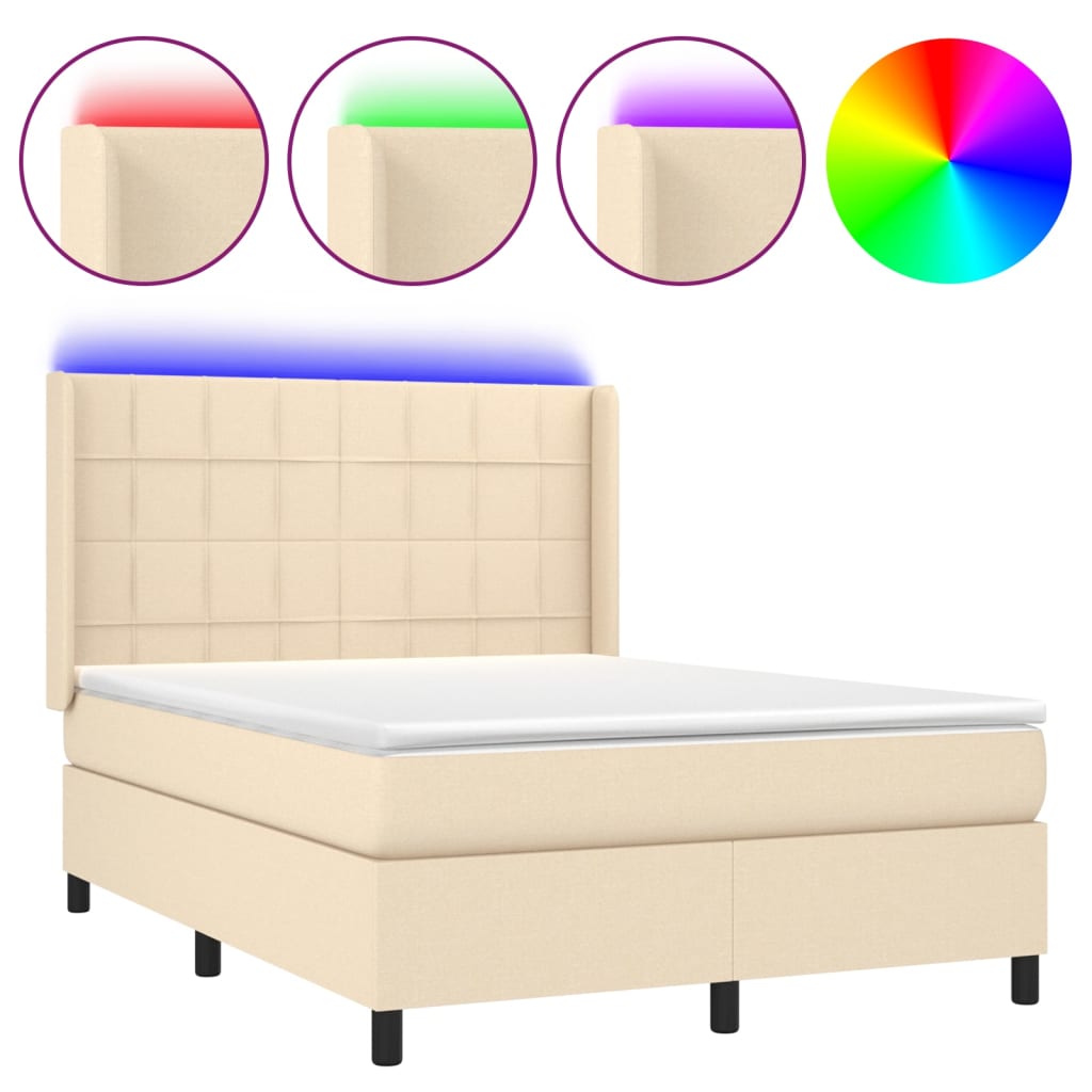vidaXL Κρεβάτι Boxspring με Στρώμα & LED Κρεμ 140x190 εκ. Υφασμάτινο
