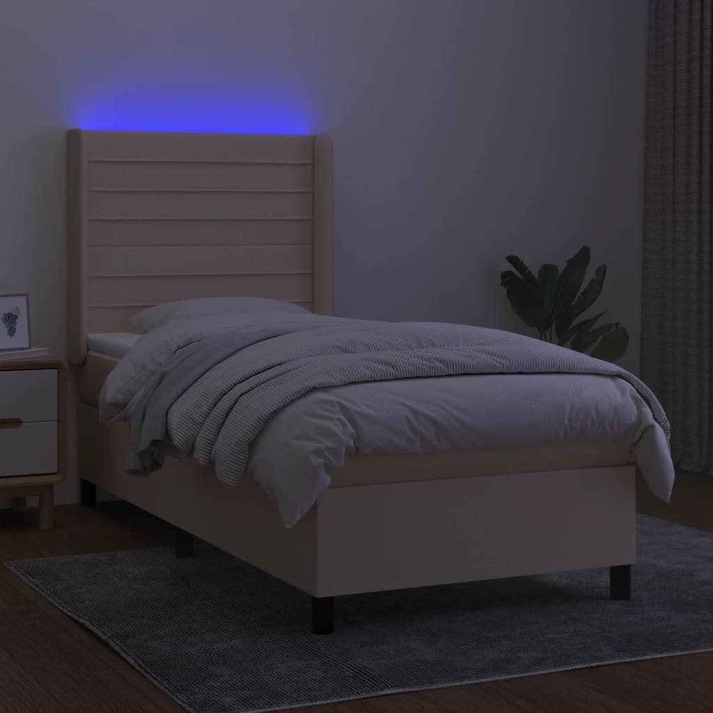 vidaXL Κρεβάτι Boxspring με Στρώμα & LED Κρεμ 90x190 εκ. Υφασμάτινο