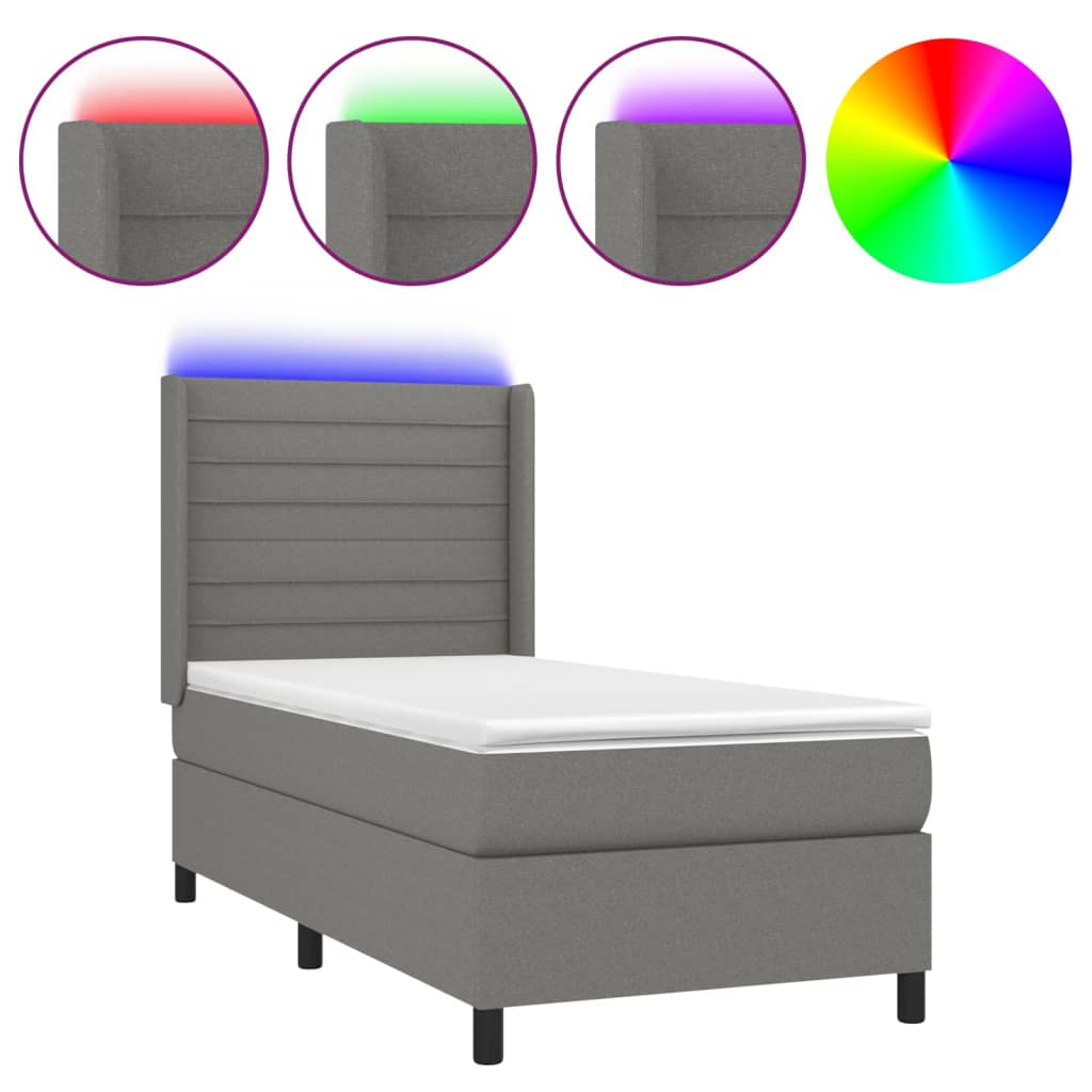 vidaXL Κρεβάτι Boxspring με Στρώμα & LED Σκ.Γκρι 90x200 εκ. Υφασμάτινο