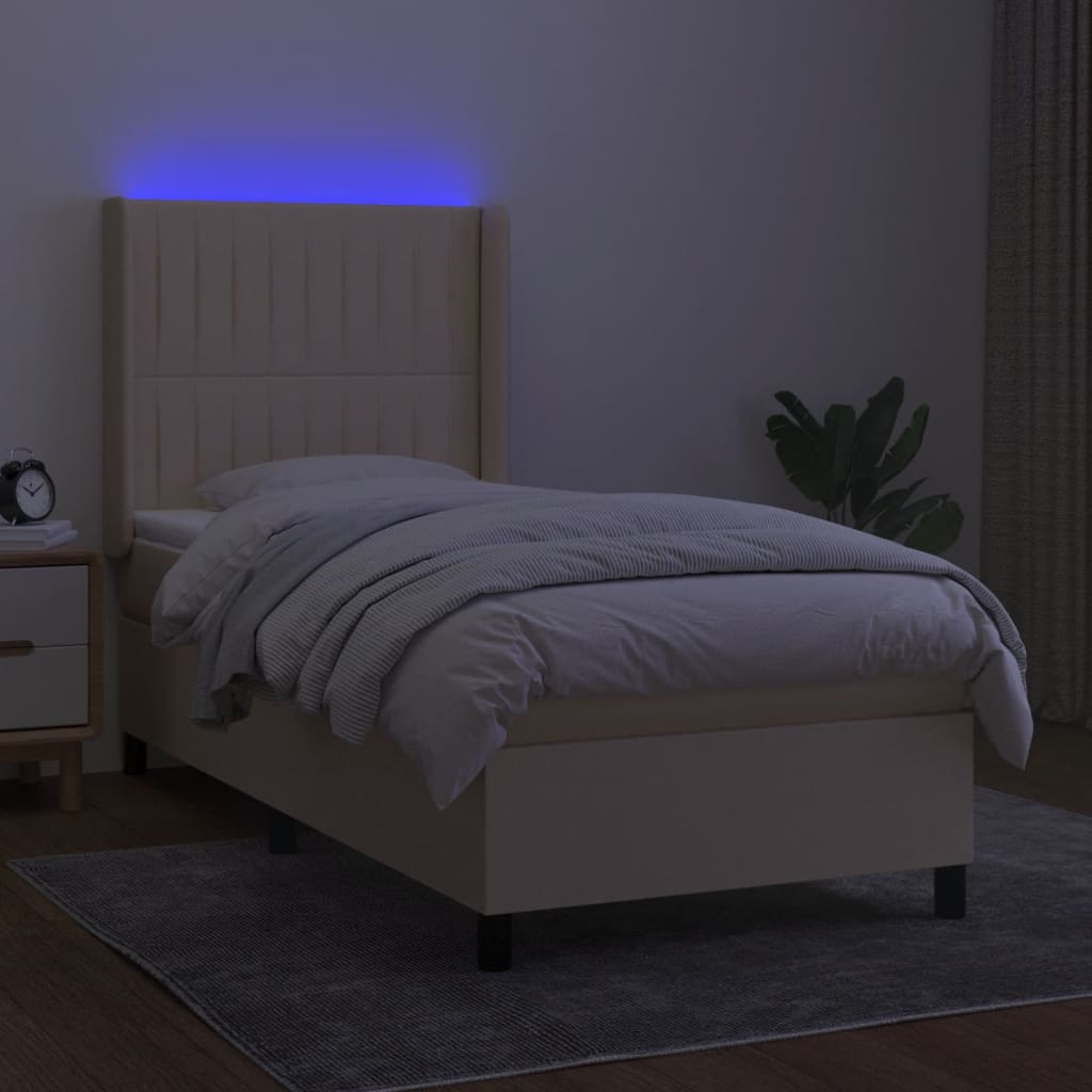 vidaXL Κρεβάτι Boxspring με Στρώμα & LED Κρεμ 90x200 εκ. Υφασμάτινο