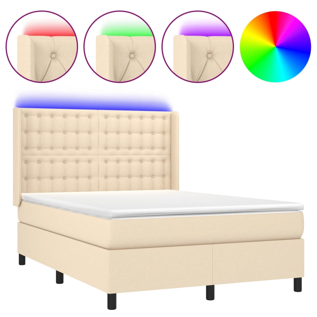 vidaXL Κρεβάτι Boxspring με Στρώμα & LED Κρεμ 140x190 εκ. Υφασμάτινο