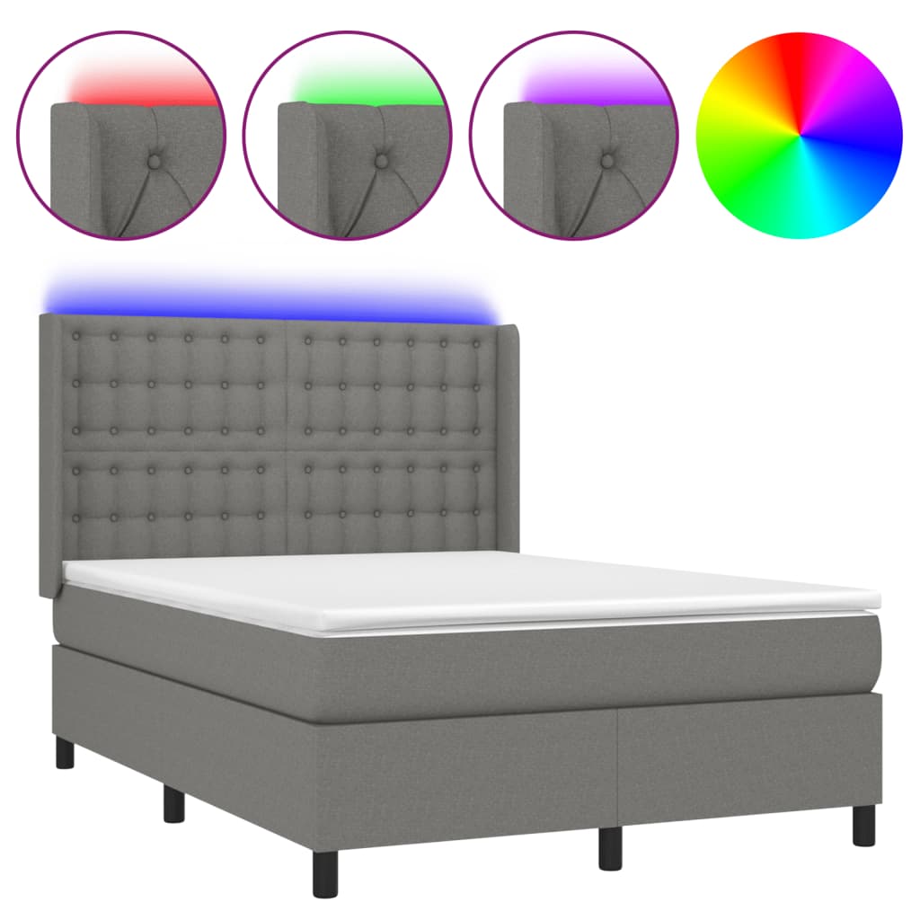 vidaXL Κρεβάτι Boxspring με Στρώμα & LED Σκ.Γκρι 140x200 εκ Υφασμάτινο