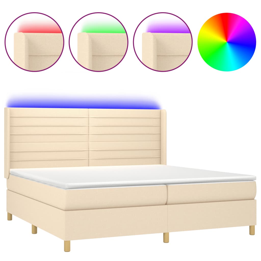 vidaXL Κρεβάτι Boxspring με Στρώμα & LED Κρεμ 200x200 εκ. Υφασμάτινο