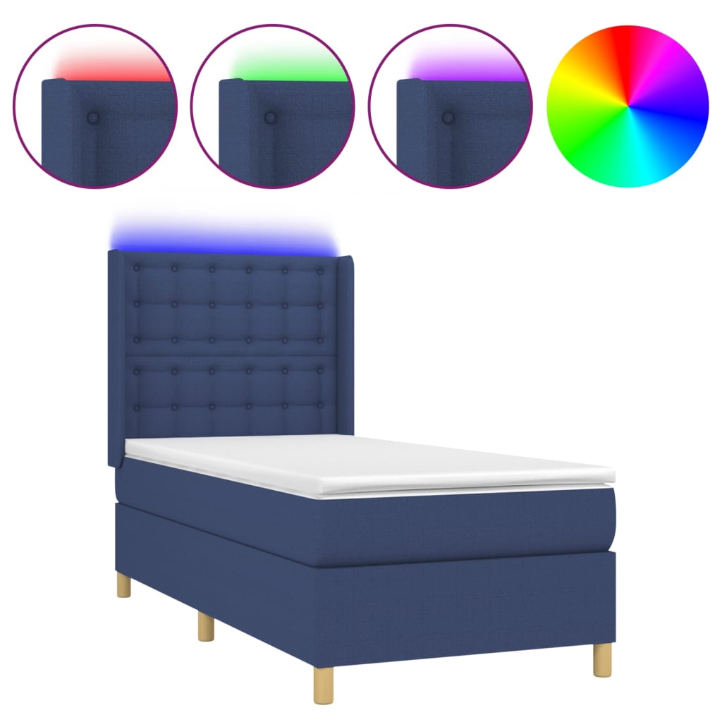 vidaXL Κρεβάτι Boxspring με Στρώμα & LED Μπλε 90x190 εκ. Υφασμάτινο