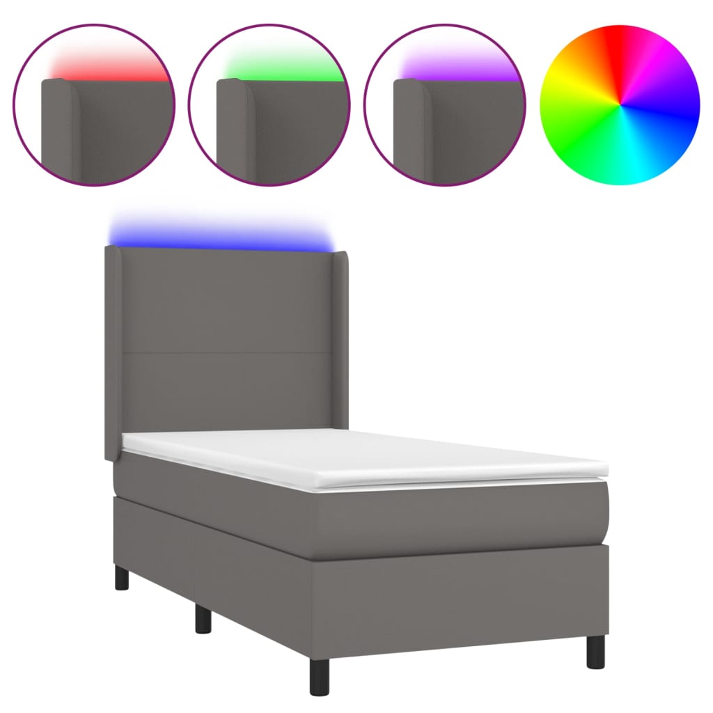 vidaXL Κρεβάτι Boxspring με Στρώμα & LED Γκρι 90x200 εκ. Συνθ. Δέρμα