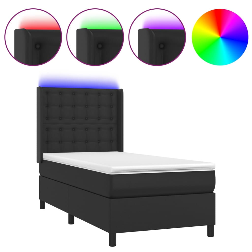 vidaXL Κρεβάτι Boxspring με Στρώμα & LED Μαύρο 90x190 εκ. Συνθ. Δέρμα