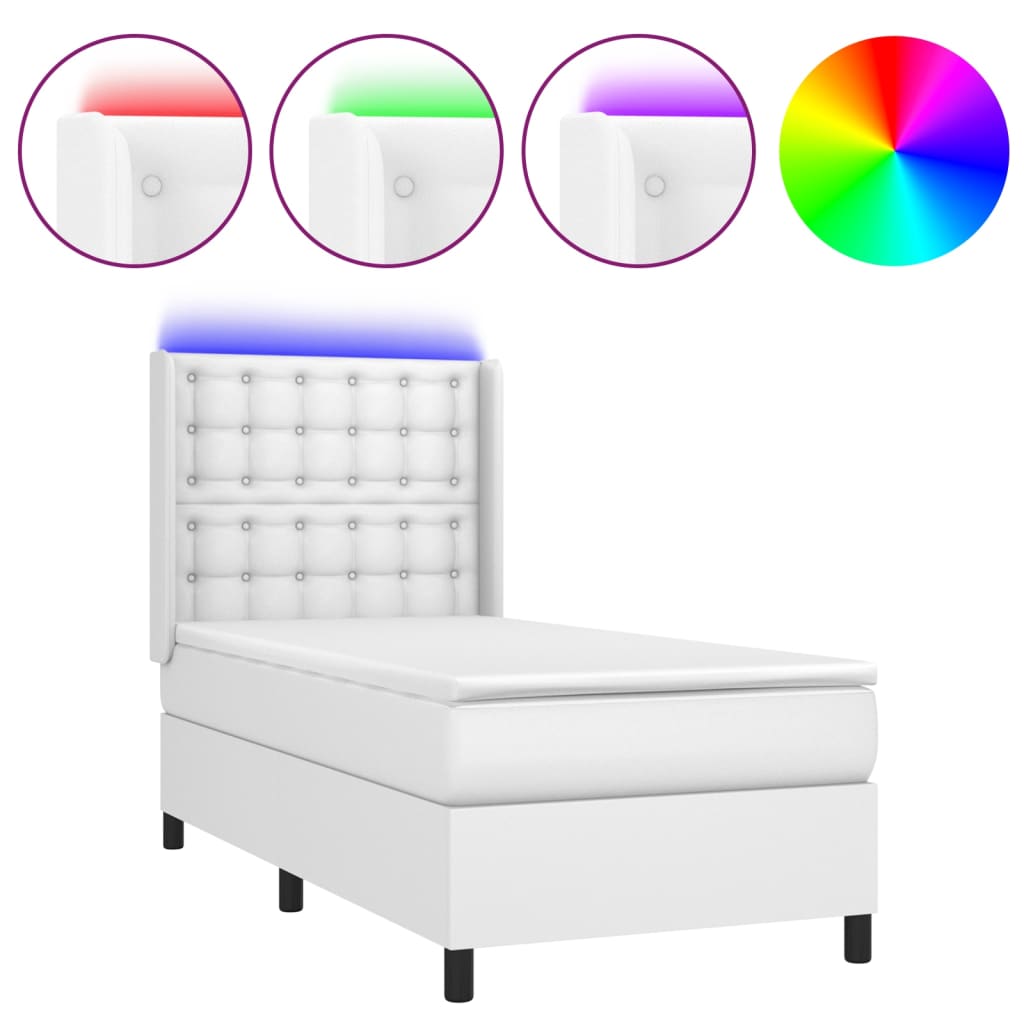 vidaXL Κρεβάτι Boxspring με Στρώμα & LED Λευκό 90x200 εκ. Συνθ. Δέρμα