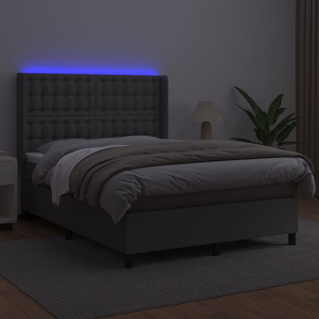 vidaXL Κρεβάτι Boxspring με Στρώμα & LED Γκρι 140x190 εκ. Συνθ. Δέρμα