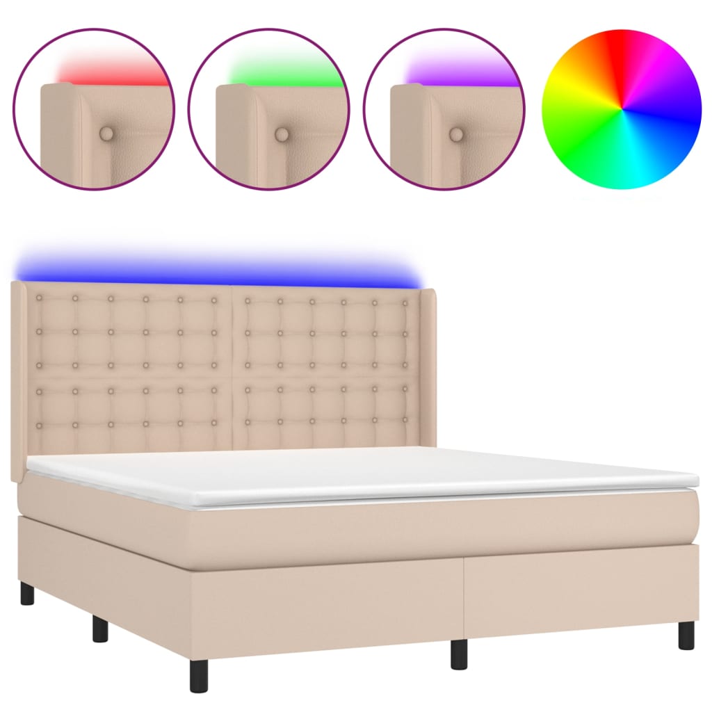 vidaXL Κρεβάτι Boxspring Στρώμα&LED Καπουτσίνο 180x200 εκ. Συνθ. Δέρμα