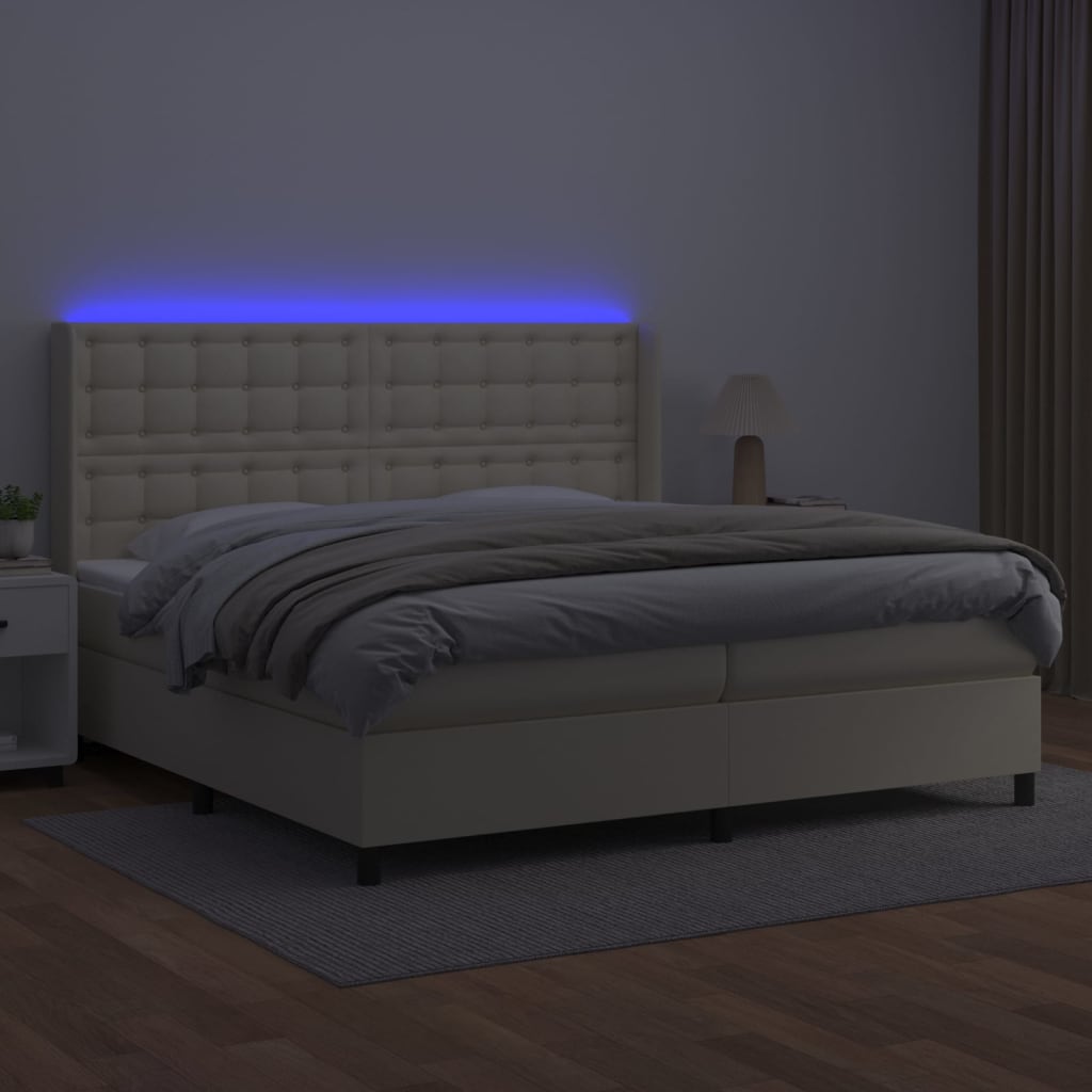 vidaXL Κρεβάτι Boxspring με Στρώμα & LED Κρεμ 200x200 εκ. Συνθ. Δέρμα