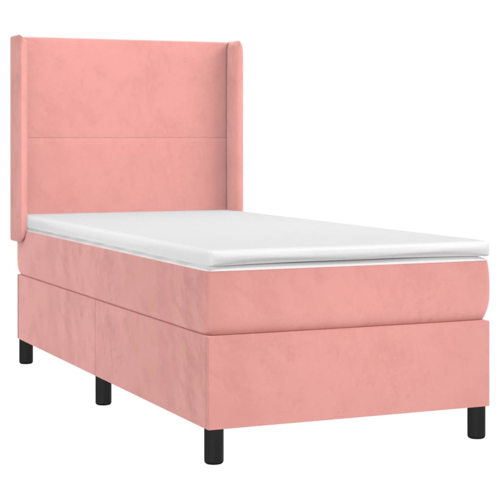 vidaXL Κρεβάτι Boxspring με Στρώμα & LED Ροζ 90x190 εκ. Βελούδινο