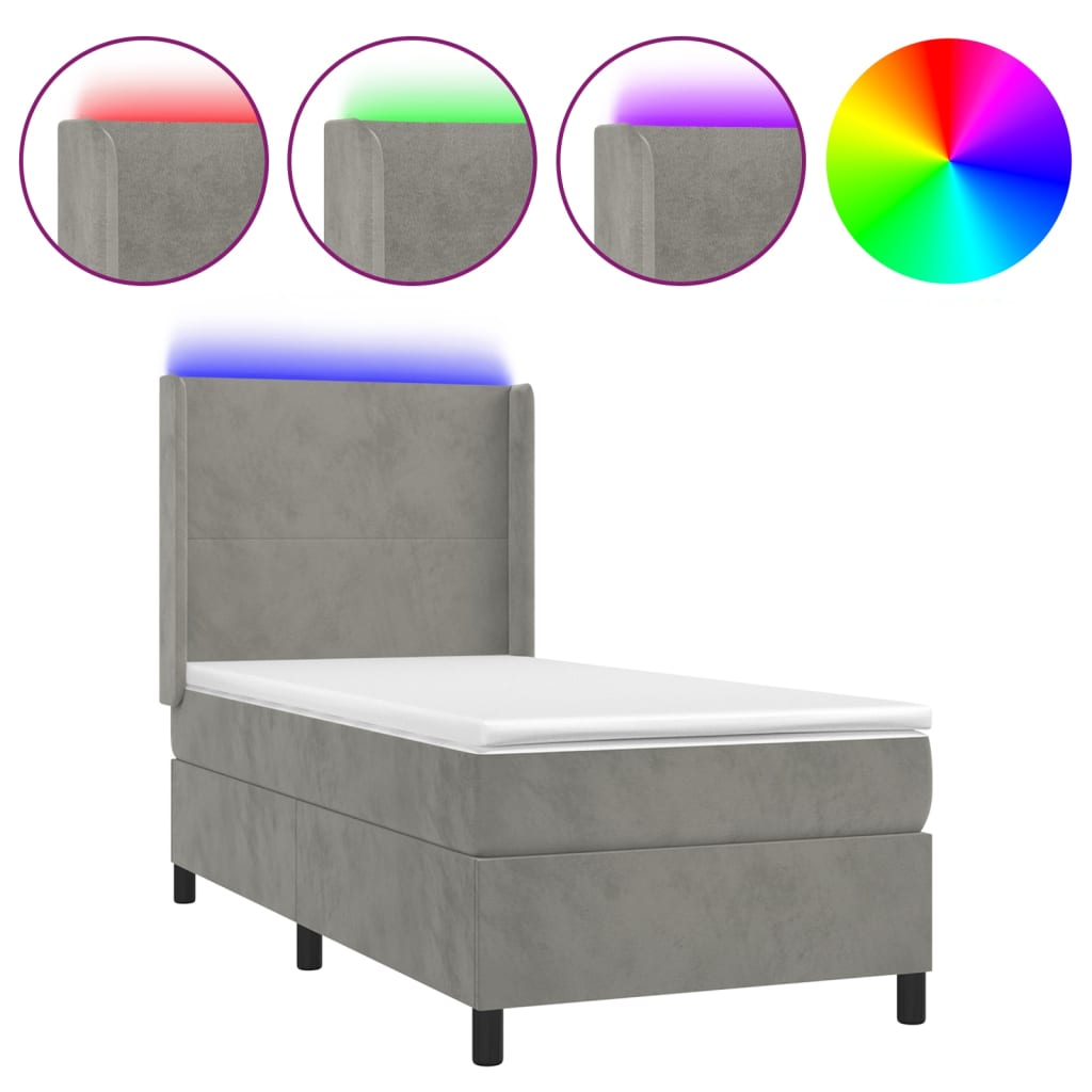 vidaXL Κρεβάτι Boxspring με Στρώμα & LED Αν.Γκρι 100x200 εκ. Βελούδινο