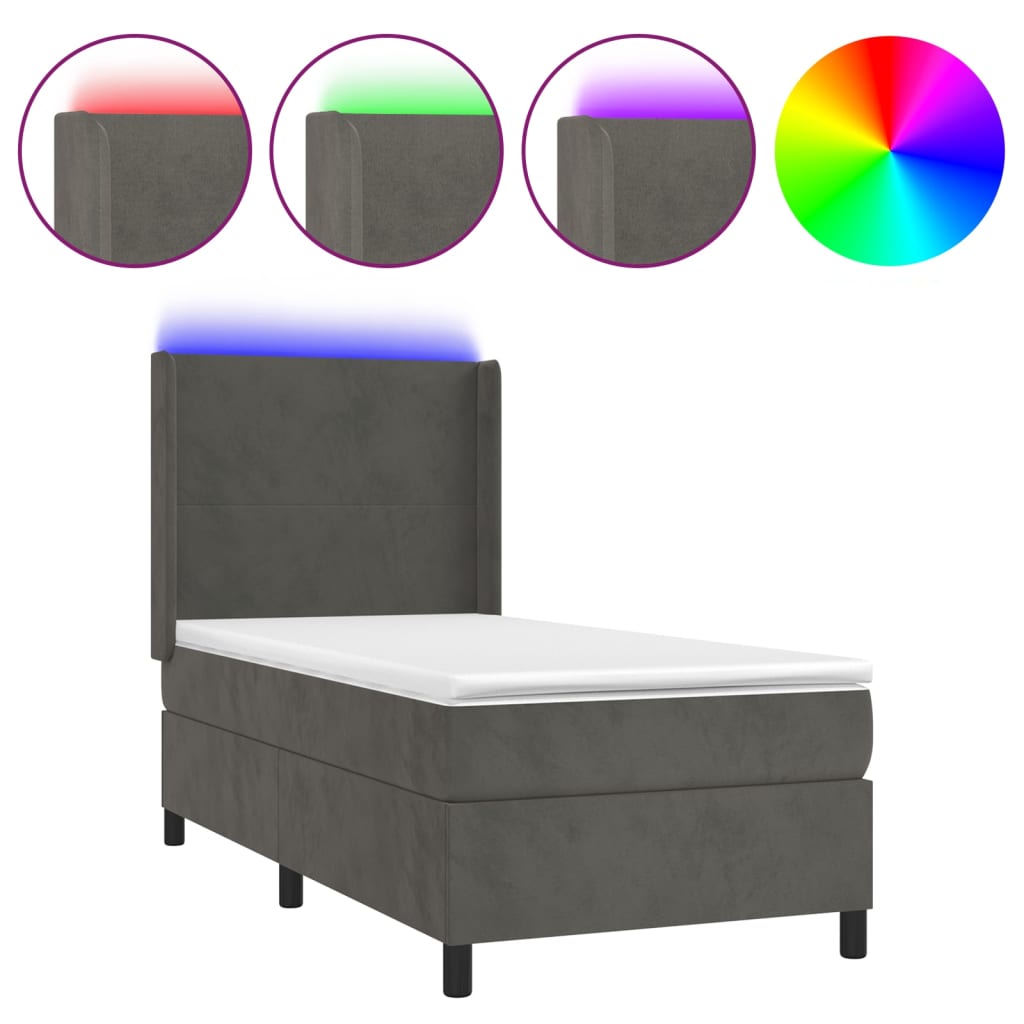 vidaXL Κρεβάτι Boxspring με Στρώμα & LED Σκ. Γκρι 100x200εκ. Βελούδινο