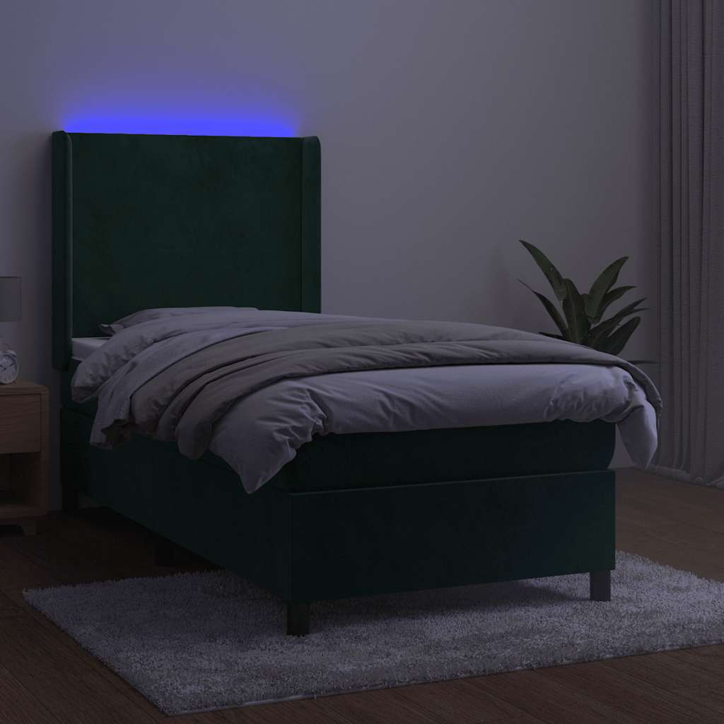 vidaXL Κρεβάτι Boxspring με Στρώμα & LED Σκ. Πράσινο 100x200εκ Βελούδο
