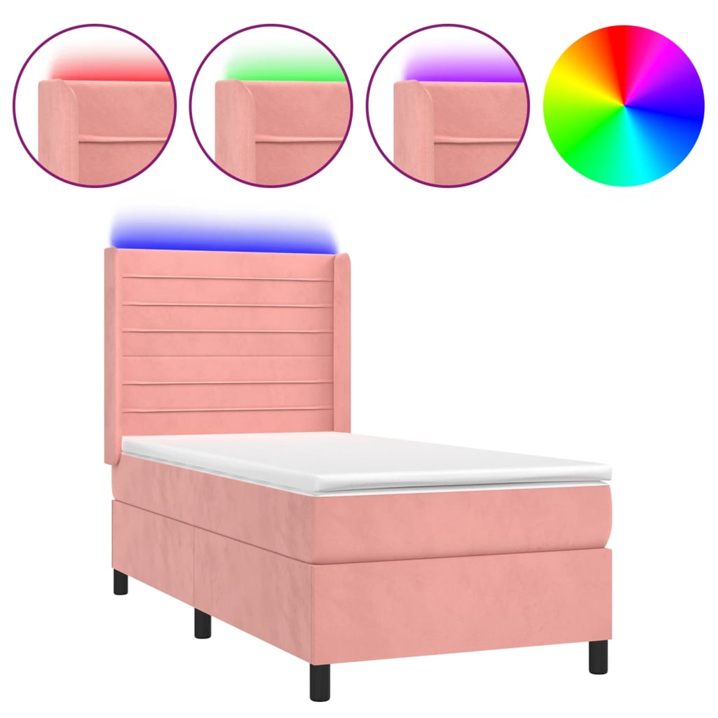 vidaXL Κρεβάτι Boxspring με Στρώμα & LED Ροζ 100x200 εκ. Βελούδινο