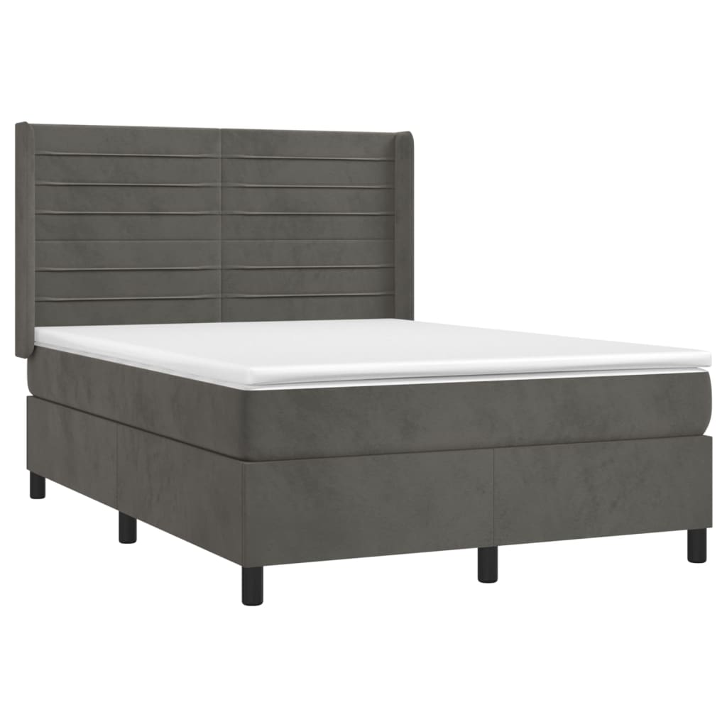vidaXL Κρεβάτι Boxspring με Στρώμα & LED Σκ. Γκρι 140x190εκ. Βελούδινο