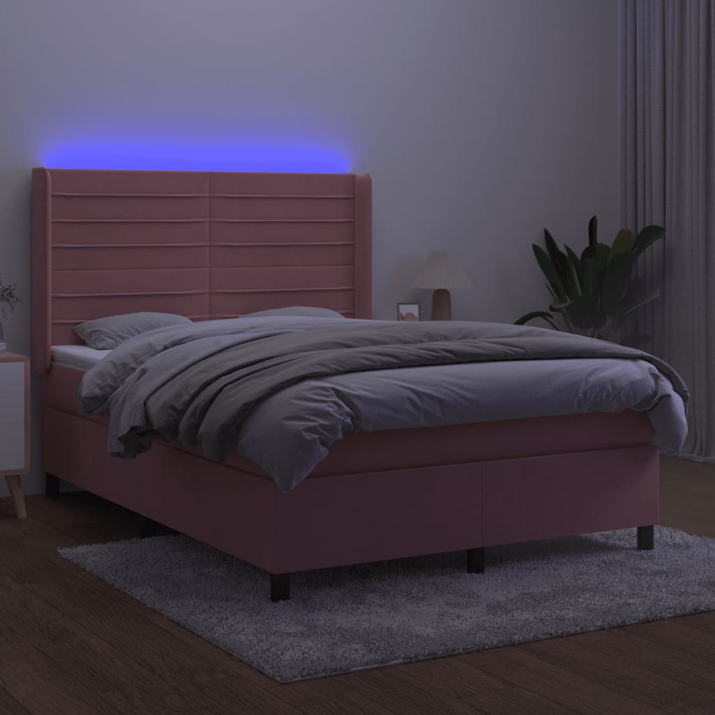 vidaXL Κρεβάτι Boxspring με Στρώμα & LED Ροζ 140x190 εκ. Βελούδινο