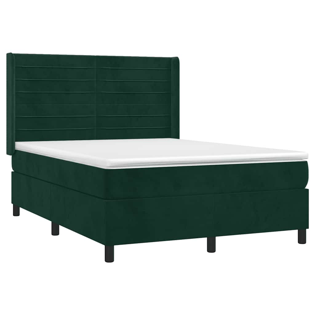 vidaXL Κρεβάτι Boxspring με Στρώμα & LED Σκ. Πράσινο 140x200εκ Βελούδο