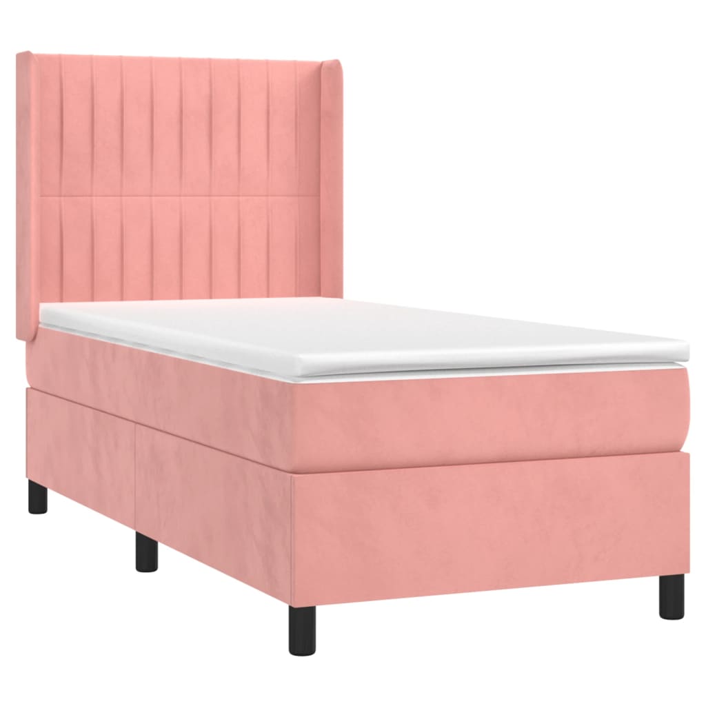 vidaXL Κρεβάτι Boxspring με Στρώμα & LED Ροζ 90x200 εκ. Βελούδινο