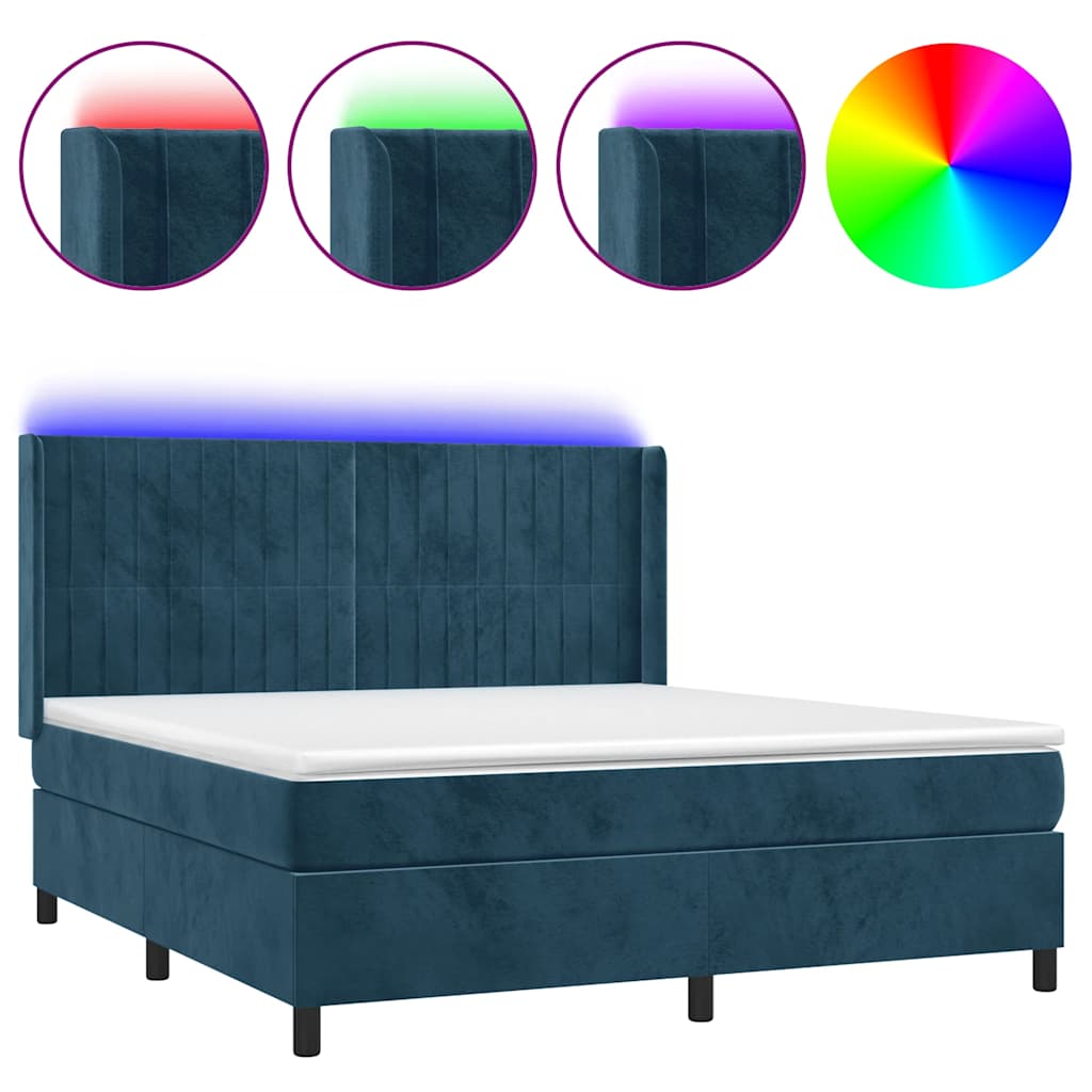 vidaXL Κρεβάτι Boxspring με Στρώμα & LED Σκ. Μπλε 180x200εκ. Βελούδινο