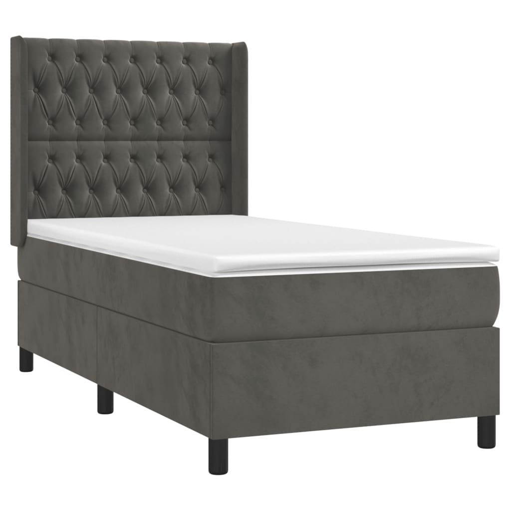 vidaXL Κρεβάτι Boxspring με Στρώμα & LED Σκ. Γκρι 100x200εκ. Βελούδινο