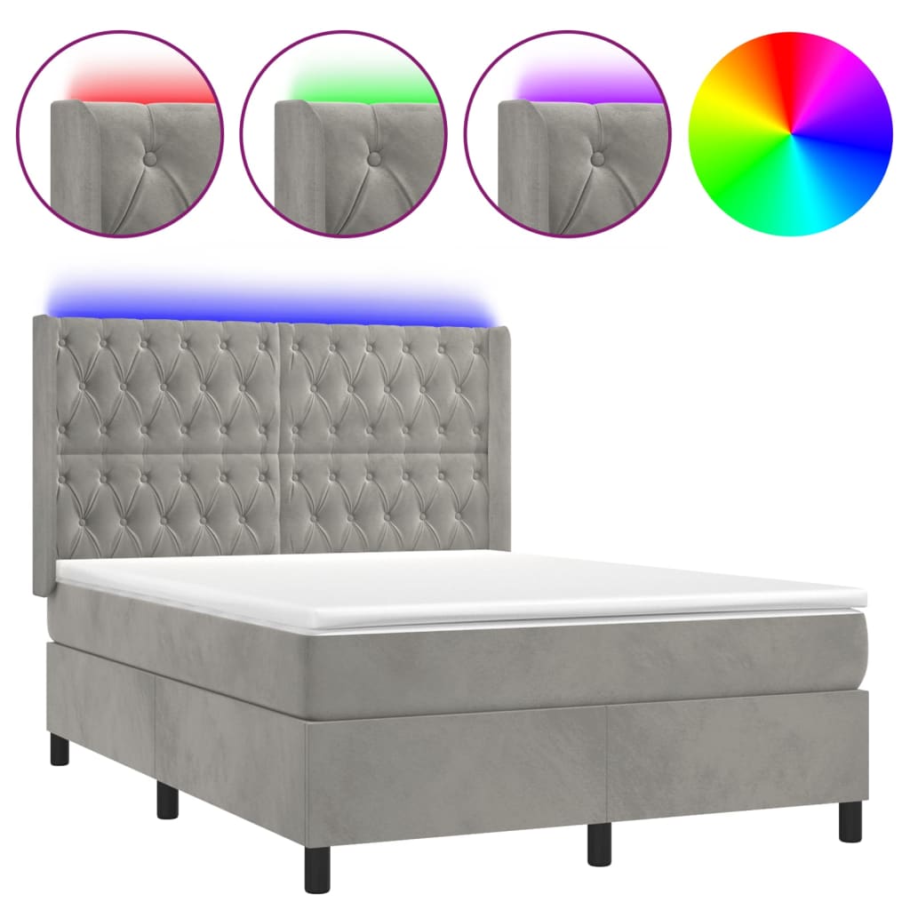 vidaXL Κρεβάτι Boxspring με Στρώμα & LED Αν.Γκρι 140x200 εκ. Βελούδινο
