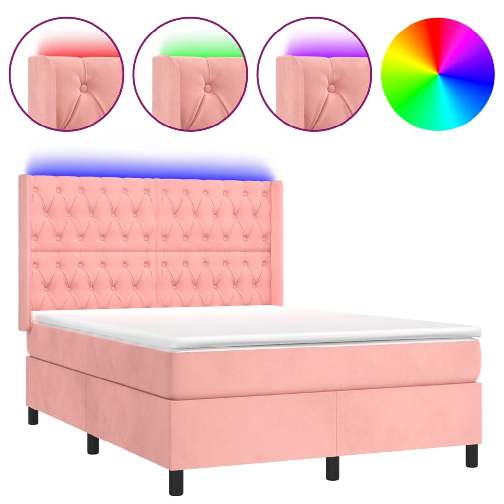 vidaXL Κρεβάτι Boxspring με Στρώμα & LED Ροζ 140x200 εκ. Βελούδινο